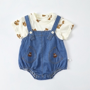 小熊牛仔包屁套裝（連Tshirt)